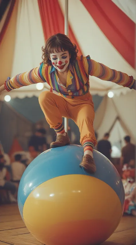 score_9, score_8_up, score_7_up, a clown balancing on a colorful ball, circus tent interior, vintage photo, plaubel makina 67, k...