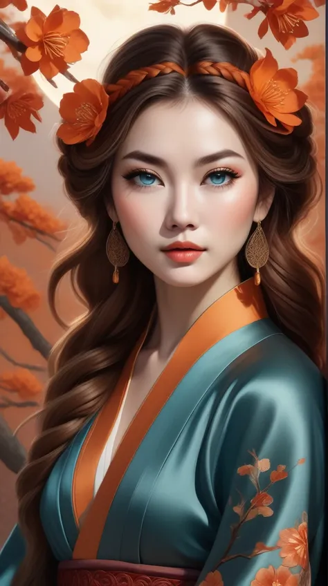 a highly detailed digital painting portrays a young woman with striking features, positioned slightly to the right of center in ...