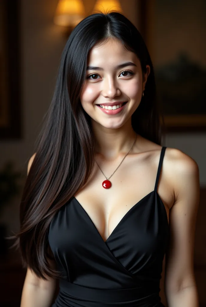 a beautiful young girl, smiling, long dark hair, wearing a dark dress, bust shot, red pendant, detailed portrait, masterpiece, (...