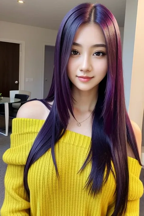 1girl in, age25, Solo, Long Straight hair, Big Breast, Colossal , Looking at Viewer, purple hair, Bare shoulders, black eyes, Full body:1.3, off shoulders, yellow Sweaters, Realistic, A sexy