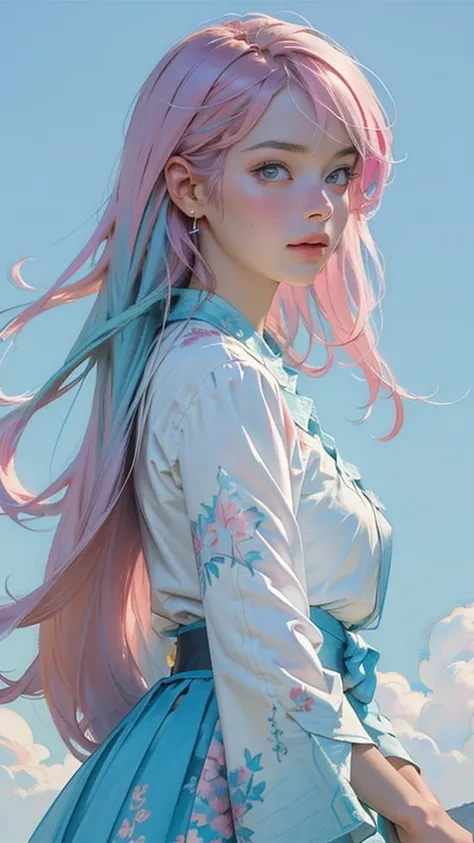 (masterpiece, Best Quality,  best quality ,watercolor ( medium),Official Art,   beautiful and aesthetic :1.2),( 1 girl:1.3), ( Fractal Art :1.3), upper body, from side,  staring at viewers ,patterns,(Rainbow Hair,colorful hair,Blue and pink hair half each:...