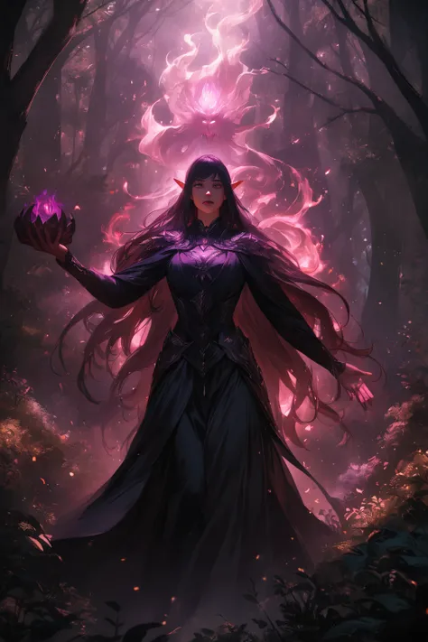 a giant dark shadowy spirit holding a birimbau, beautiful detailed elf powering up in the middle of a lush fantasy forest, dark fantasy atmosphere, dramatic chiaroscuro lighting, moody dark colors, highly detailed, 8k, realistic, cinematic composition,spir...