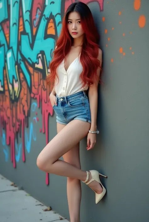 A professional, ultra-high-definition photograph of a brunette girl of Caucasian, korean appearance with long, red hair that has a blue sheen. She is dressed in a short, semi-transparent white blouse, super-short denim shorts, and elegant high heels. She s...