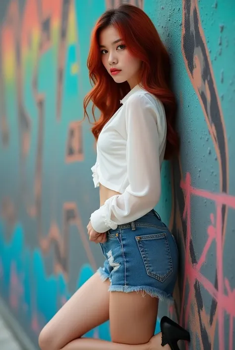 A professional, ultra-high-definition photograph of a brunette girl of Caucasian, korean appearance with floawing wave, red hair that has a blue sheen. She is dressed in a short, semi-transparent white blouse, super-short denim shorts, and elegant high hee...