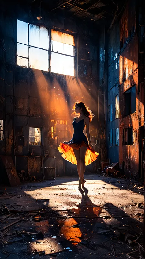 minimalistic style photo, a solitary latin dancer in tight dress, is illuminated by a single spotlight sunset window in a vast, ...