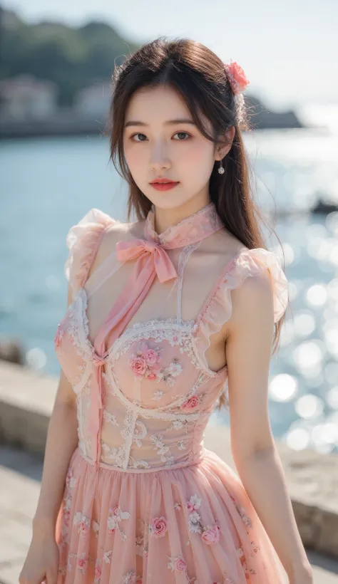 1 Nogizaka Girl 、 Very cute、 beautiful girl 、19 years old、(Gothic fashion)、 Beautiful Face , Fine Details of Eyes and Skin 、 Dark Shiny Hair 、 Elegant Ruffles 、荷叶边tie、tie、Rose Hair Accessory 、(Smiling at the camera)、(Cowboy shooting)、(European Sea)、Profe...
