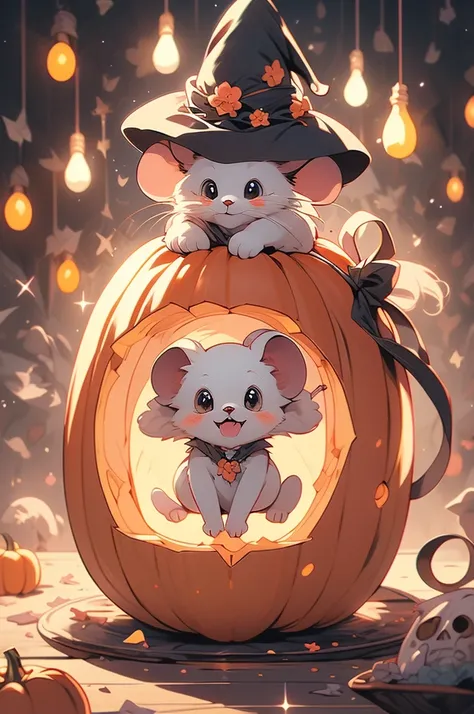 (pastel:1.2)、( cute illustration :1.2)、A mouse comes out of an orange pumpkin、Witch Hat、felt、Halloween、Sparkling、et cetera、comical、original、 background with round blurry lights、Halloweenカラーグラデーション