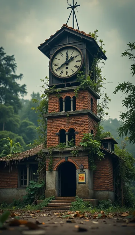 (la  best quality , kampala, looks super detailed,), a house with a huge, dilapidated, abandoned clock，covered with vegetation，t...