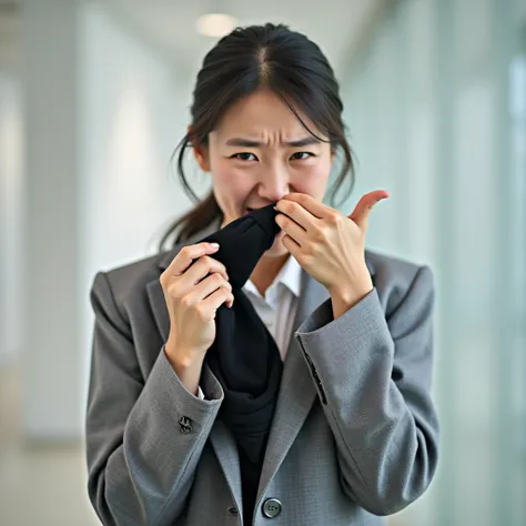 Japanese long hair  、 23 year old female bank employee socks smell bad　黒い靴下を鼻に押し当て靴下の臭いを嗅いで吐きそうな顔