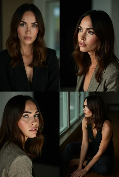 the image is a collage of 4 pictures, each picture features meganfox, on her knees