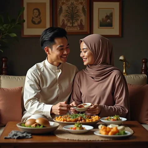 there are two people sitting on a couch with food on the table, lovely couple, couple, happy couple, muslim, portrait shot, couple pose, shutterstock, by Basuki Abdullah, istock, on wooden table, best on adobe stock, shot with canon esa bd mark ii, traditi...