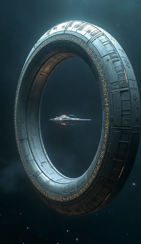 A colossal alien craft shaped like a massive ring, rotating slowly in the void of space, with intricate glowing runes engraved along its edge, and smaller ships orbiting it like satellites.