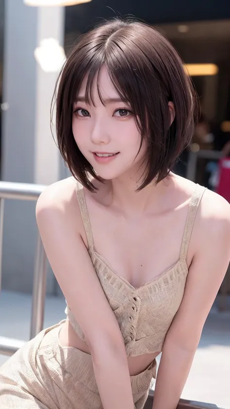 masterpiece, Best Quality, Highest quality, beautiful girl, Cute face, 8k, Official Art, RAW Photos, When you go out in the city during the hot season, please wear cool clothes., (Asymmetrical Short Hair＋Short cut:1.3), Teen,  face light ,  Film Grain, chr...