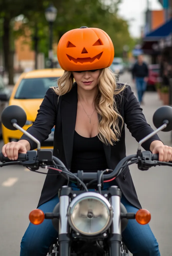  A woman riding a motorcycle wearing a jack-o-lantern helmet、She's a cool woman but she has a ridiculous sense of fashion 、Comedy touch、8k Quality