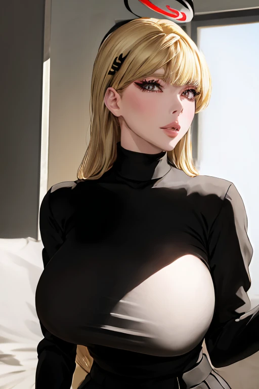 (rio), (red eyes:1.5), hair ornament, hairclip, halo, long hair, (blonde hair:1.4)
BREAK black footwear, black jacket, black pantyhose, black skirt, buttoned cuffs, high heels, jacket, long sleeves, office lady, pantyhose, ribbed sweater, skirt, sweater, t...