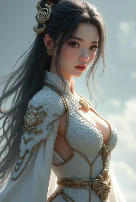 Realistic image Full shot of a sexy 20 year old Chinese warrior, white skin, long hair, smoky hair, wearing a short armour made of dragon costume, with an ancient star tuck at the waist, touching the dragon's face. Realistic digital illustration in 8K resolution with incredible detail. 8K resolution. With incredible detail, the eyes show a complex, complex, beautiful close-up, double texture.