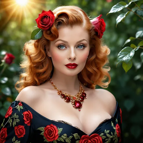 create a highly detailed and realistic portrait of a young lucille ball with long, wavy red hair adorned with red roses. she has...