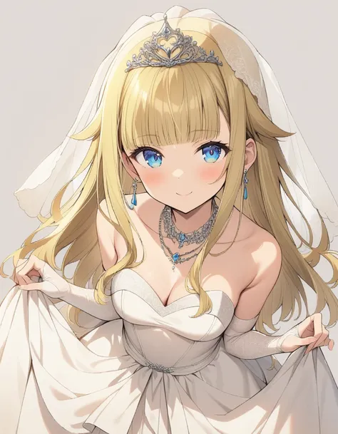 ((masterpiece)),(((best quality))),((ultra-detailed)),((illustration)),((disheveled hair)),((frills)),(1 girl),(solo), 1girl, bangs, bare_shoulders, blonde_hair, blue_eyes, blunt_bangs, breasts, bridal_veil, closed_mouth, dress, earrings, from_above, gloves, grey_background, jewelry, long_hair, looking_at_viewer, necklace, shoes, simple_background, smile, solo, strapless_dress, tiara, veil, wedding_dress, white_dress, white_footwear, white_gloves, rating:safe, wedding, bridal_gauntlets, cleavage, clothing, crown, curtsey, drop_earrings, elbow_gloves, female, female_only, headdress, headwear, layered_dress, skirt_hold, standing, strapless