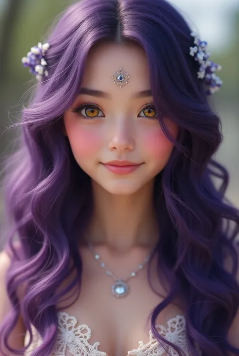 1 girl,  long hair ,  looking at the spectator , smile,  tall details , High quality,  Hair between eyes , Purple hair, ombre hair, blush,  yellow eyes , happy, smile ligera, Wide angle, insert, Symmetry, plano americano, Love, Love de cabello, Jewel of th...