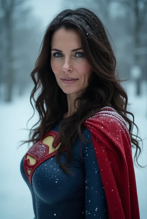 Create a realistic image of a 60 year old woman, long brown hair, blue eyes, high cheekbones, ((full body)), big sexy breasts, disguised as a superman. Background image: ice fortress, head to toe, full body, hyper realistic photo