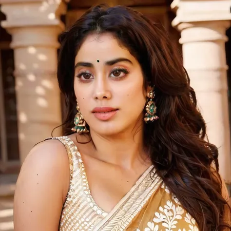 a realistic, waist-up selfie of (jhanvi kapoor) as an ancient indian princess, set in a royal palace. she has graceful features,...