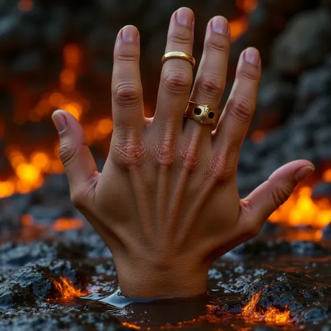 h4nd, perfect hand, golden ring, lotr ring, frodo's hand emerging from the lava, the hand in a fist, realistic photo, the back o...