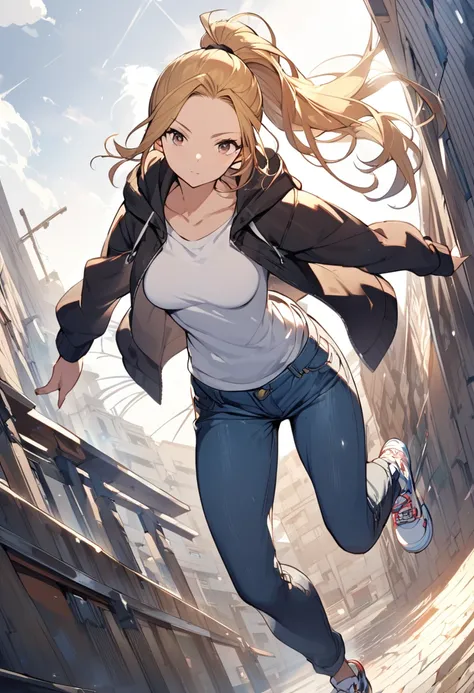 (One female,Well-built,Tall,Golden Hair, hairstyle ponytail with exposed forehead ,Medium Breast,Dark brown eyes,Grown-up face,hooded jacket ,White T-shirt,Jeans pants,sneakers, dynamic angle)