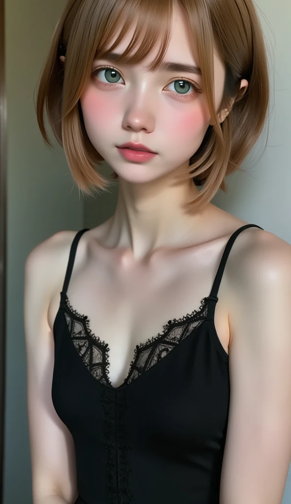 Digital Portrait、Live Action Depiction of the Human Body 、RAW Photos、One Girl、Gentle grey eyes、 plump lips above the mouth、Fatigue、Small breasts、short hair、(((Elegant black lace-line dress、 Fine Artistic Lace Black Line Dress、Beautiful dress、Super Luxury D...