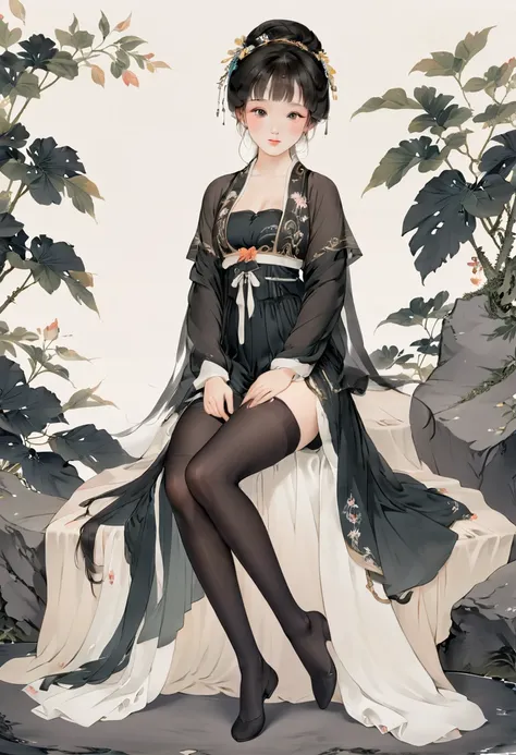 8K, masterpiece,  best quality, 2D, (  Traditional Chinese Ink Painting  :0.2),  black pantyhose，Wearing Hanfu，Hair with bangs ，The  black pantyhose on the legs are exposed，Breast fullness， spread your legs  , Perfect leg shape， young body，Delicate depicti...