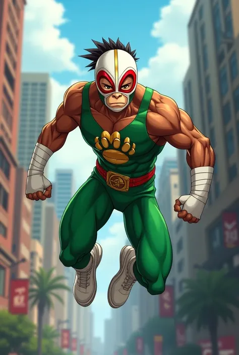 Single character, male Teenage superhero, wears a white luchador mask with red trimmings that also covers the whole face, a green skin tight vest with shoulder pads and a gold monkey paw at the center of the chest, white boxing bandages on both arms and ha...