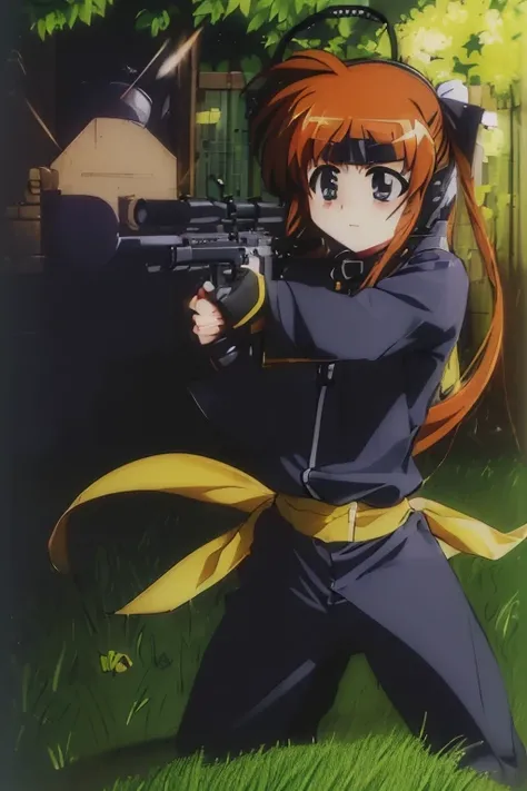 (((Takamachi Nanoha · military personnel · Self-Defense Forces · shooting training · firing · holding a rifle · camouflage suit · goggles · helmet · equipped with a grenade on the waist · training ground · 1 girl · equipped with a rifle gun)))