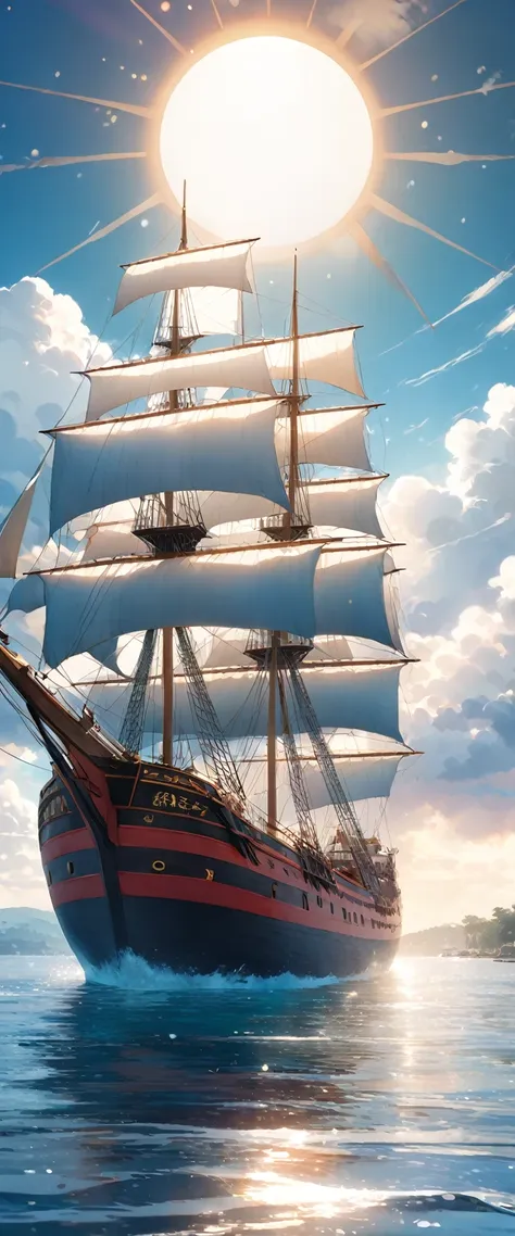 Hall々A sailing ship ,  under a clear light blue sky 、 decorated with fluffy white clouds ,  quiet turquoise seaside ,  big white sun shining in the middle of the day , 12 p.m. ,  detailed rendering , 4K quality,  masterpiece standard ,  Kampala, 超 Kampala,  Studio Lighting , Ultra-fine painting, Sharp focus, physically based rendering,  Very Detailed Explanation , professional, Vibrant colors, Bokeh, atmosphere,  clean lines , Complex.  the ship's sails fluttering in the wind ,  creates a dynamic and energetic scene,  Soft ,  warm sunlight enhances a dreamy atmosphere .  the ocean reflects vibr 