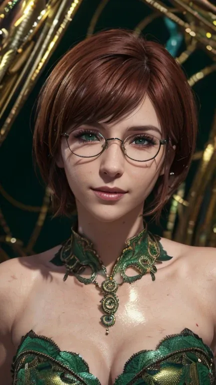 close-up,  upper body. short, red hair, green eyes,  metal-framed glasses , green strapless dress, joyful smile, cheerful girl ....