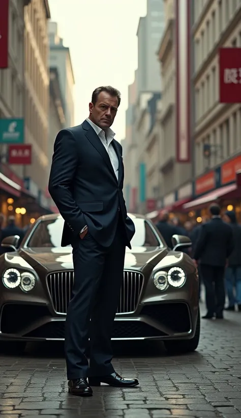 A man arrogantly stands in front of a luxury car, ignoring a beggar.

A busy city street in the background, with luxury cars and shops.