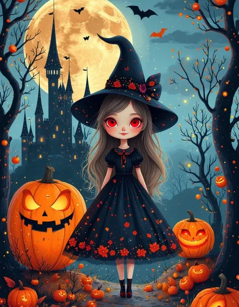 whimsical halloween witch ， wears a vibrant and playful magic costume ， stands in a magical forest full of colorful magic splash...