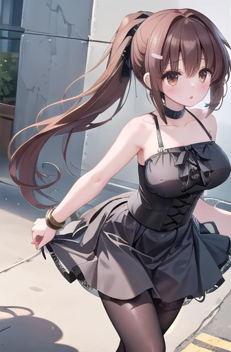 masterpiece,  best quality , ultra high detail, yuki minakami, brown hair,  brown eyes ,  ponytail,  choker, pin, armband,   bla...