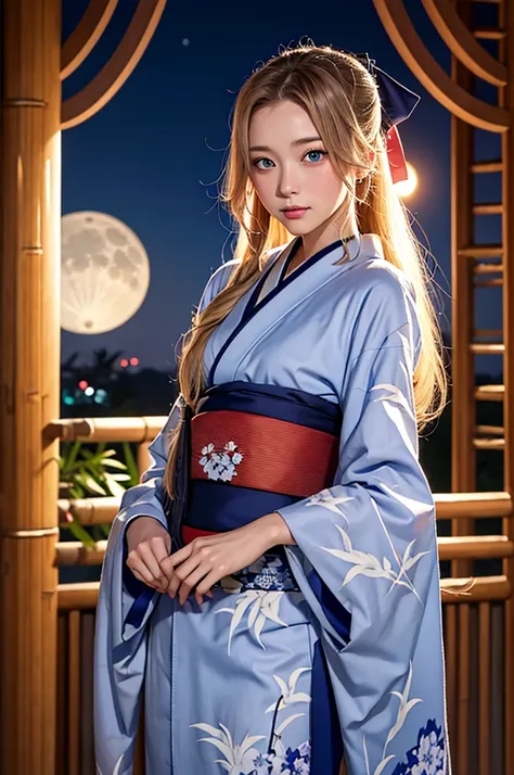 character with arms spread out to the side is wearing a traditional kimono, a full moon behind her, and the ,  1 girl, moon, alo...