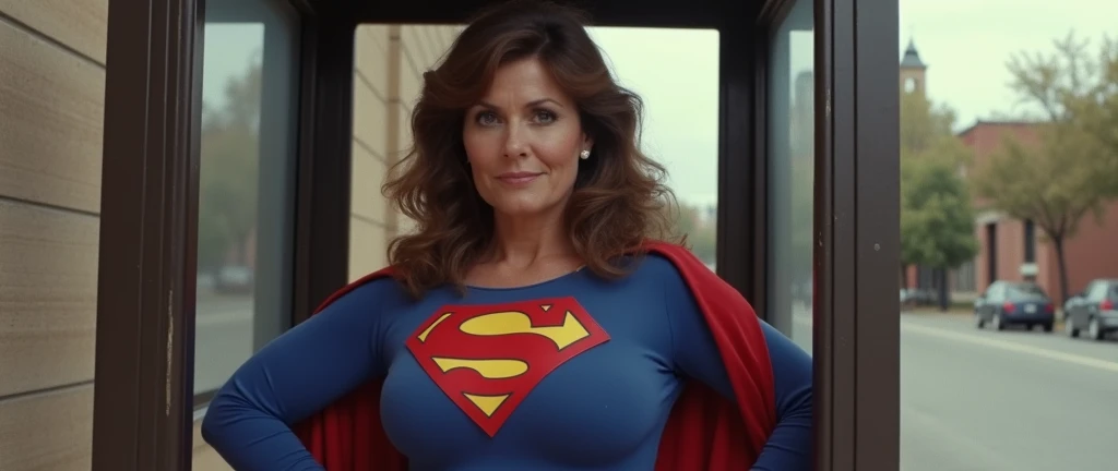 Supergirl 1980s; old Helen Slater transforming into Supergirl (((1980s Superman costume; large breasts; brown hair; 60 years old)in a phone booth