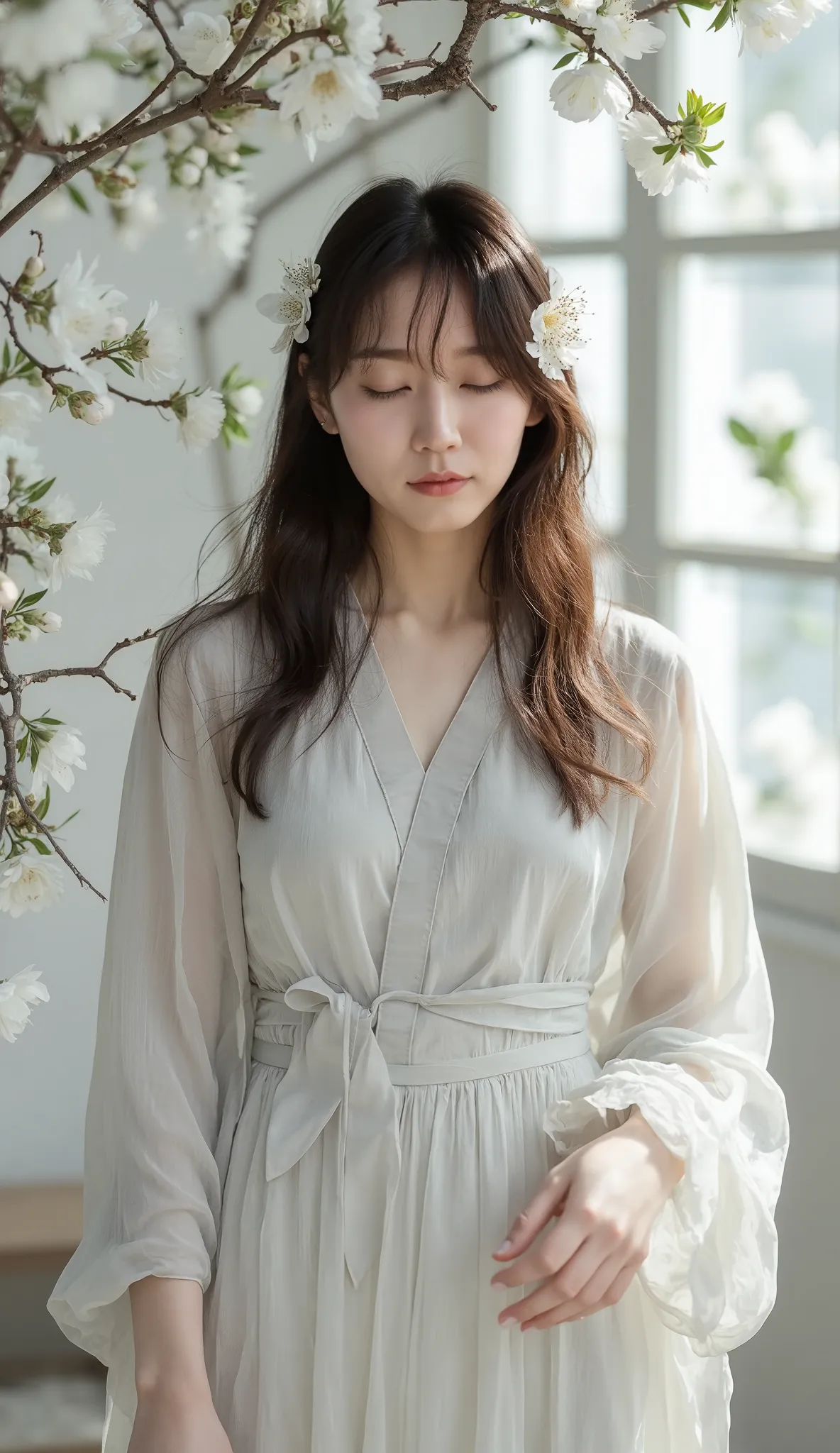 a fine-art style photograph of a young east-asian woman, surrounded by a serene arrangement of white flowers, presented in a sof...