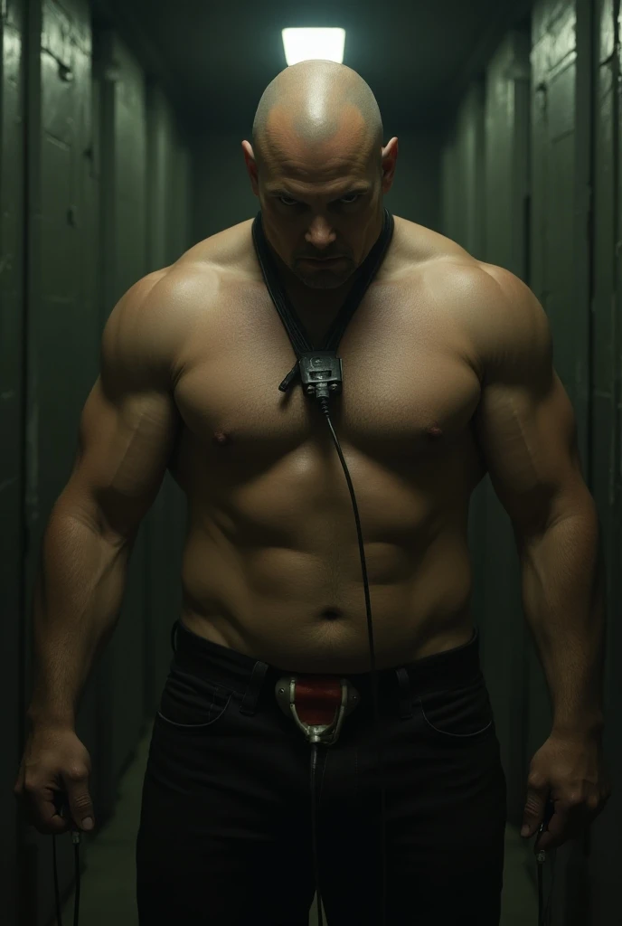 A prison where muscular broad-shouldered bald men only wear black leather collars and are connected to milking machines that are attached to their penises 