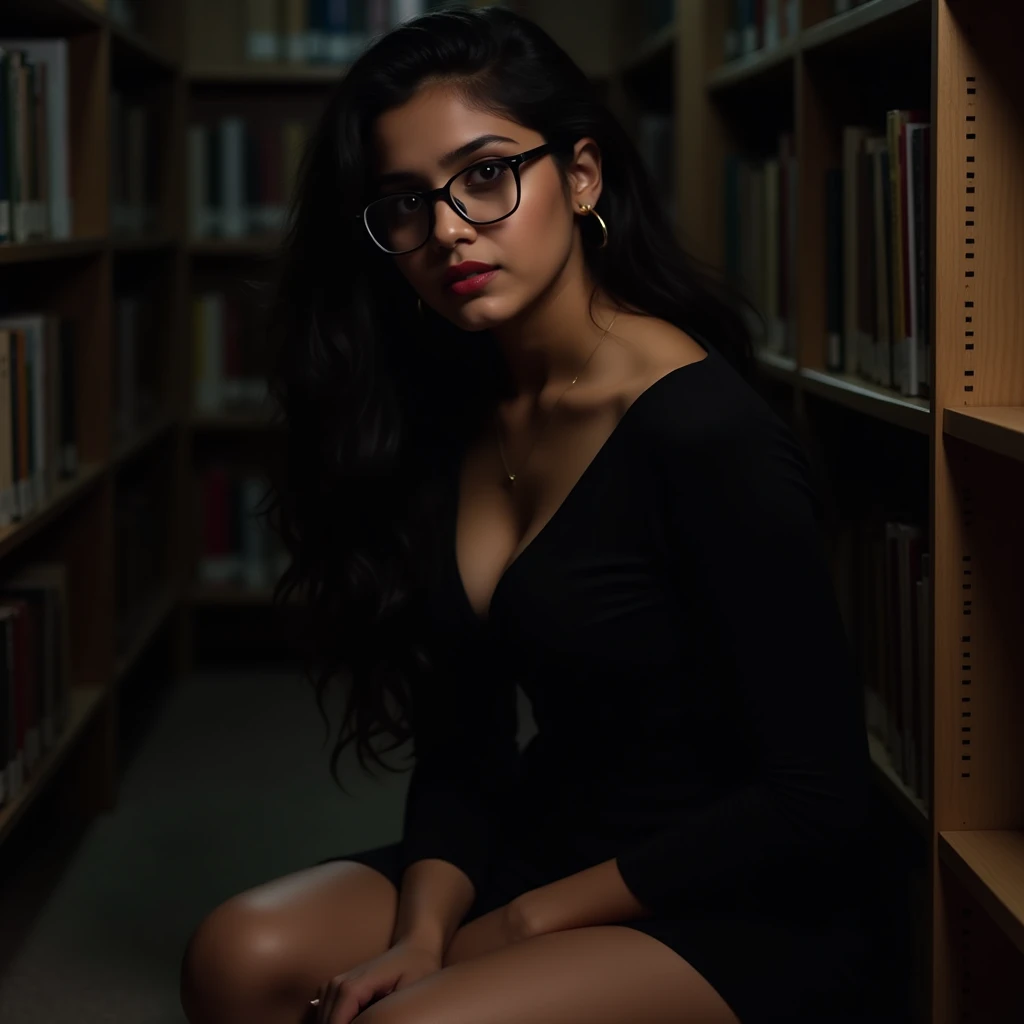 sexy bangladeshi volpoutous sexy young 20 years old Bangladeshi girl,english teacher,wearing black full sleeve dress,has creamy little cleavage,she is bending down to the viewer to show her cleavage properly,sexy pose,on the floor of a corner in library,ni...