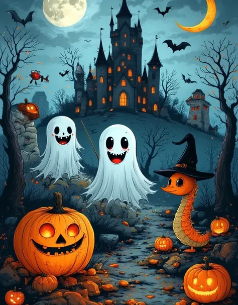 Halloween，Underwater World， The little animals are celebrating ，Little seahorses dressed up as vampires ， A group of cute red eyes twinkle strangely ，, a clownfish becomes a little ghost ， The white body is hidden ， Little crabs wearing black wizard hats ，...