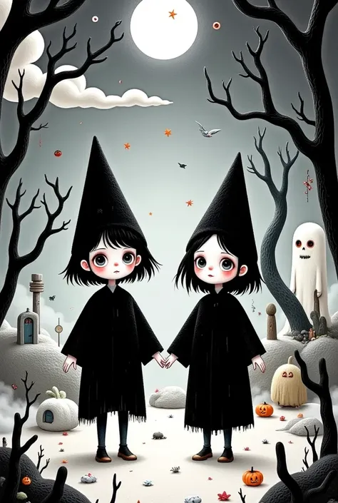 Halloween themed illustrations：2 people，Cute expression，Body movements，Chinese horror，Black and white clothes
