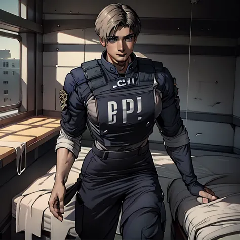 (  very detailed CG), (  best quality ), (  very detailed CG), (  best quality ), (. Kennedy), (Overall view) SWAT Clothing, Beautiful and attractive young man,  toned muscles, Large breasts, Having an erection,  has a bulging crotch