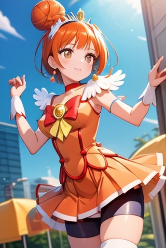 (mAsterpiece, best quAlity), 1人の女の子,  晴れ_A, orAnge eyes, orAnge hAir, single bun hAir,, feAther hAir ornAment, tiArA, orAnge choker, cure 晴れ costume,  orAnge shorts under skirt, orAnge shorts, ブーツ,