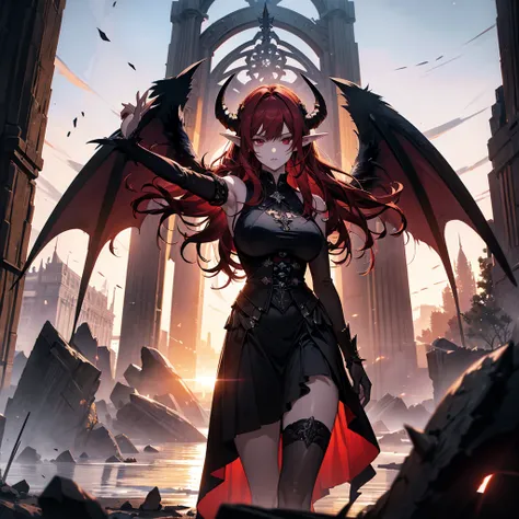 (masterpiece,  high quality, advanced details,  anime style) 
devil woman, 30th generation, horns like goats, long red hair, red...