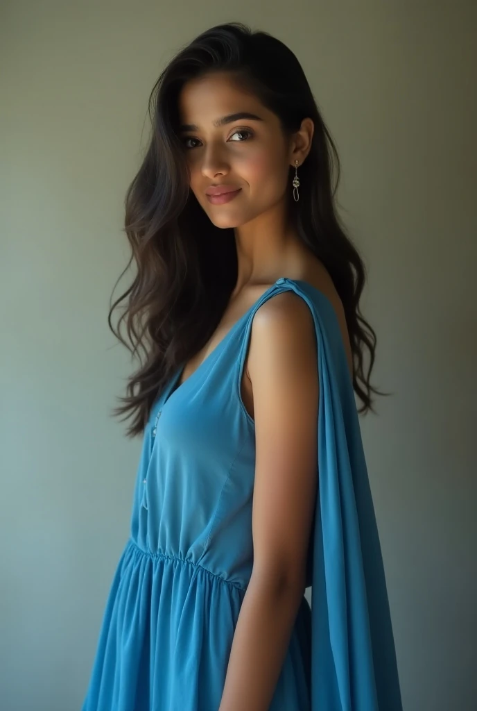 a beautiful Indian girl,age around 20, wearing a blue dress, smile slightly, turn left side and looking forward,picture shot from side of the body