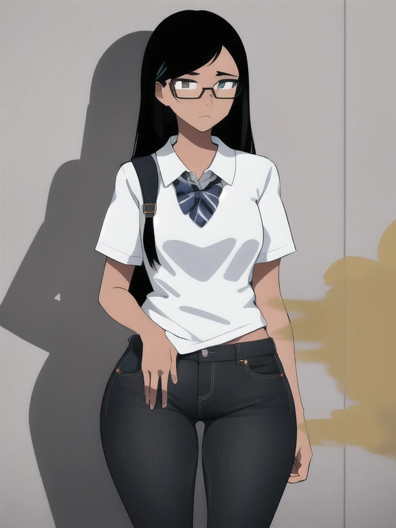 [best quality high quality](solo)skinny small breasts nerdy schoolgirl glasses long black hair teenage cute pensive walking urban alley detailed delicate face serious sunny sky farting bending over massive fart