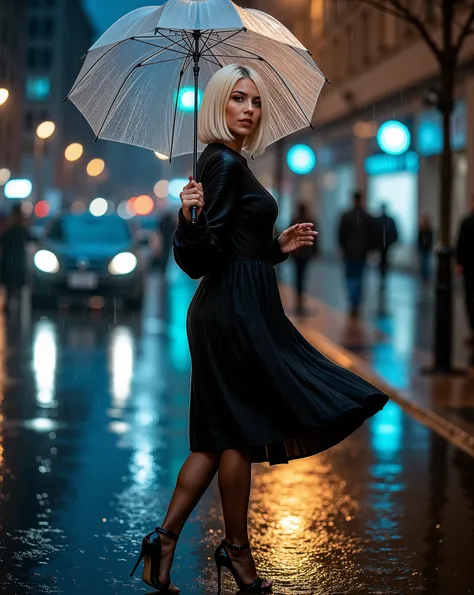 An awesome full-body shot of Nexia, a stunning 22-year-old woman with platinum short straight bob hair caught in an elegant sexy pose on a rainy city street. Her long, slim, toned figure is accentuated by a wet dark oversized sweater to the middle of the ...