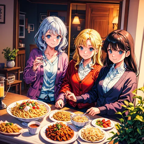 three women. inside.home.room (8k) .night . selfee. dinner. pasta.  colorful. cardigan. winter.  smile.  sit .table. cardigan